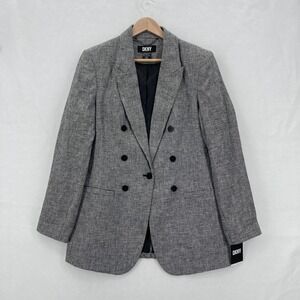DKNY Blazer Womens 10 Black White Houndstooth Double Breasted Linen Blend Lined